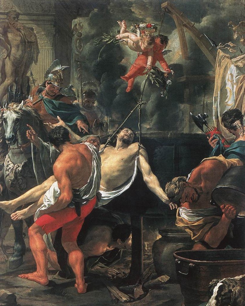 Aquí lo vemos siendo introducido en la cazuela, Martirio de Juan Evangelista en la Puerta Latina, Charles le Brun