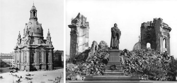 La Iglesia de Nuestra Señora en Dresde antes de la guerra... y después