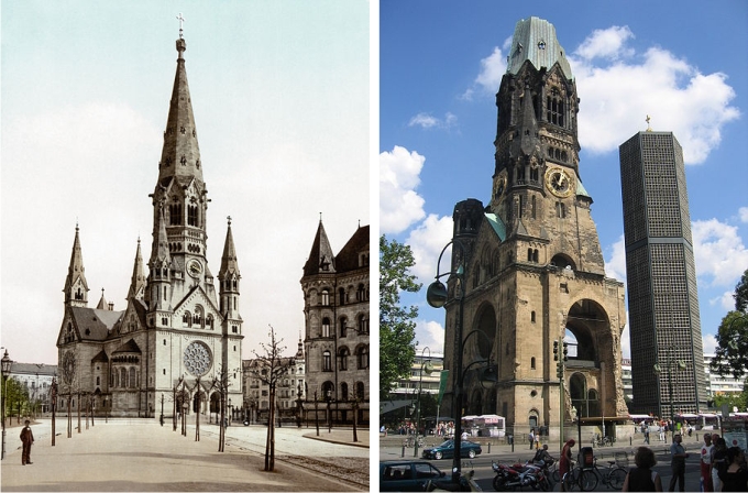 La Kaiser-Wilhelm-Gedächtniskirche, erigida en honor a Guillermo II, antes de la guerra... y lo que queda hoy La Kaiser Wilhelm Gedächtniskirche erigida en honor a Guillermo II antes de la guerra... y lo que queda hoy