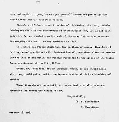 El mensaje de Kruschev del día 26 sorprendió a Kennedy por su inesperado tono "emocional".