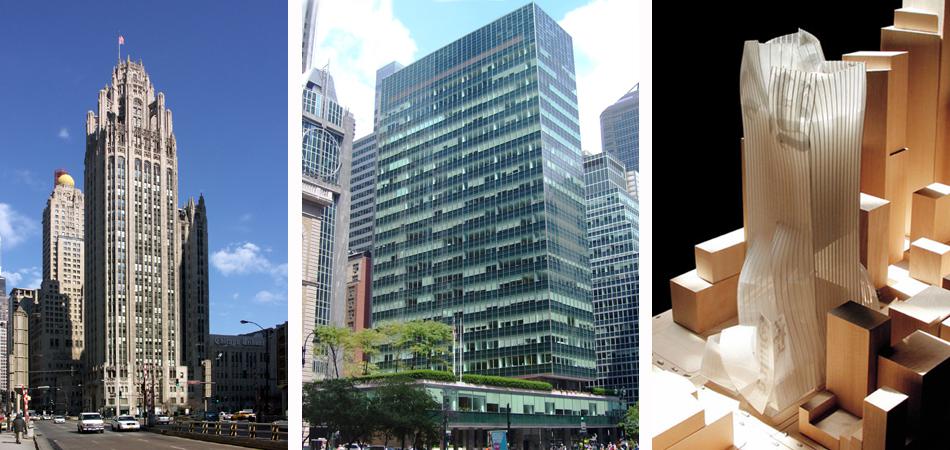 De izquierda a derecha el edificio del Chicago Tribune (1925), el Lever House (1952) y el proyecto de Gehry para el New York Times (2000).