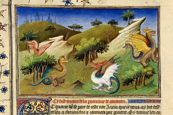 Dragones de Yunnan del Libro de las Maravillas de Marco Polo, edición francesa del año 1410-1412