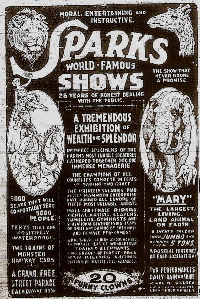 Anuncio del Sparks Circus con mención estelar para Mary, "el animal vivo más grande sobre la Tierra".