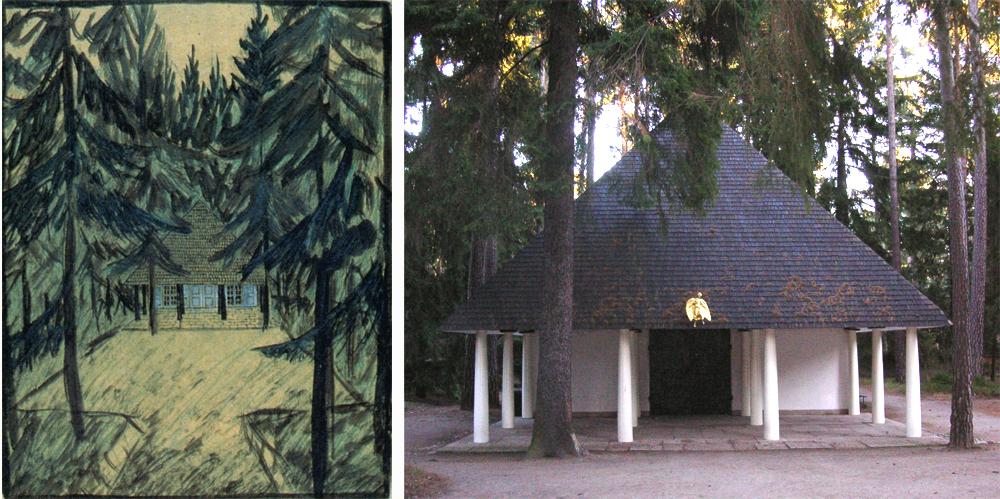 La capilla en el bosque. Dibujo original de Asplund y fachada.