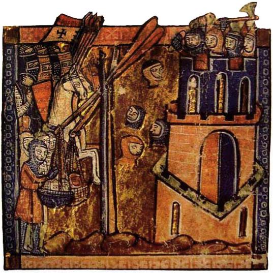 Cruzados lanzando cabezas decapitadas durante el asedio a la ciudad de Nicea en 1097
