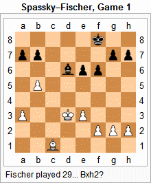 El tablero: un perfecto empate técnico antes de la extrañísima e inesperada jugada de Fischer.