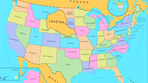 Ubicación que tendría la Gran Nación Sioux (señalada en el mapa como "Lakotah") en los actuales EE.UU.