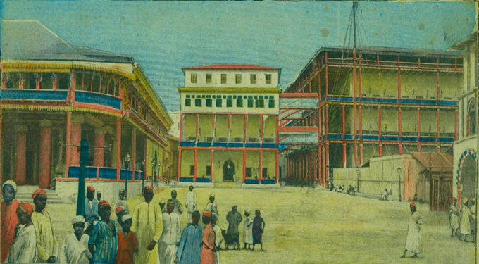 Palacio del sultán, comunicado con el edificio del harén (derecha), tal como erasn antes dek bombardeo inglés.