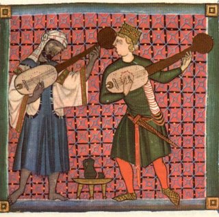 Miniatura de unos juglares en las Cantigas de Alfonso X de Castilla.