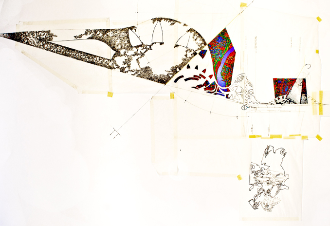 Akihabara Contemporary Uchimizu. Collage, grafito, tinta, cinta adhesiva y corrector sobre papel, 1000x700mm. Fuente: Patricia Mato-Mora, (2012). 