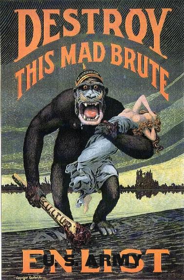 Propaganda de alistamiento estadounidense durante la Primera Guerra Mundial. El enemigo es una bestia inhumana que viene a arrebatarnos a nuestras mujeres.