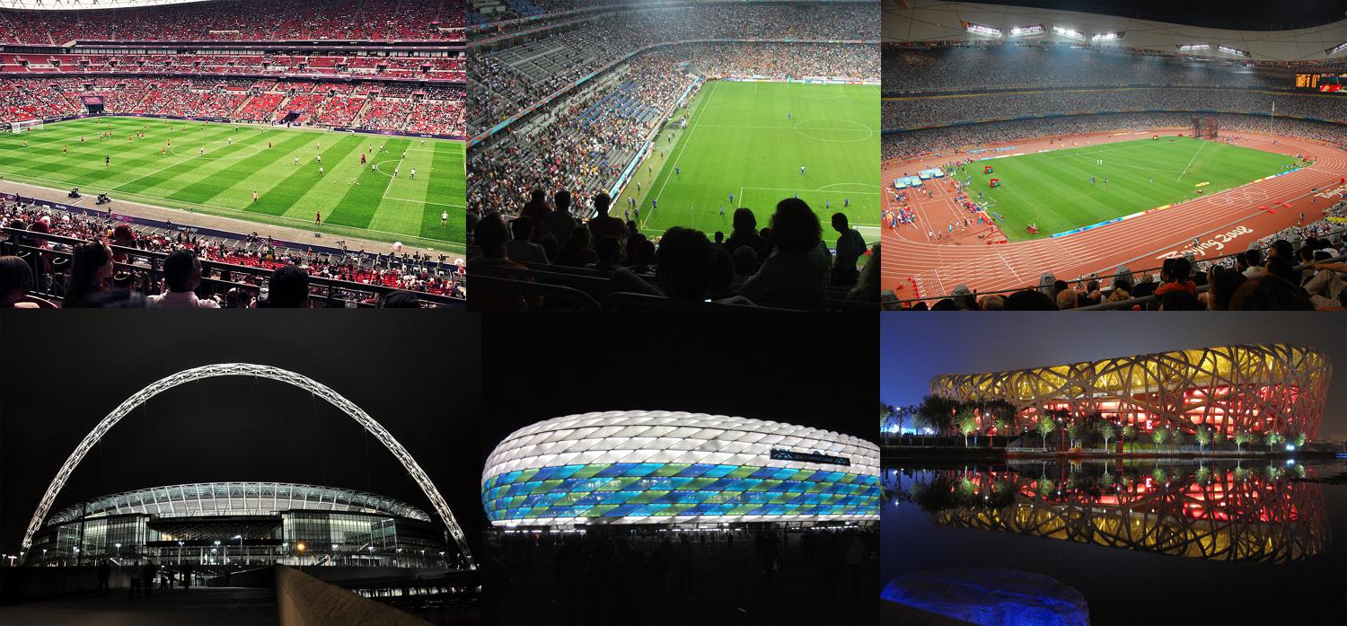 Los interiores y los exteriores del nuevo Wembley, el Allianz Arena y el Nido de Pájaro de Pekín. Fotos de Lee Thomas, Björn Láczay, akiwitz, Martin Pettitt, Markus Unger y Curt Smith (CC)