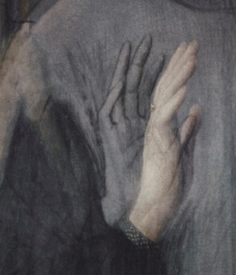 Detalle del retrato del matrimonio Arnolfini, con el dibujo original del gesto revelado por el estudio de infrarrojos. Rachel Billinge and Lorne Campbell, National Gallery, 1995.