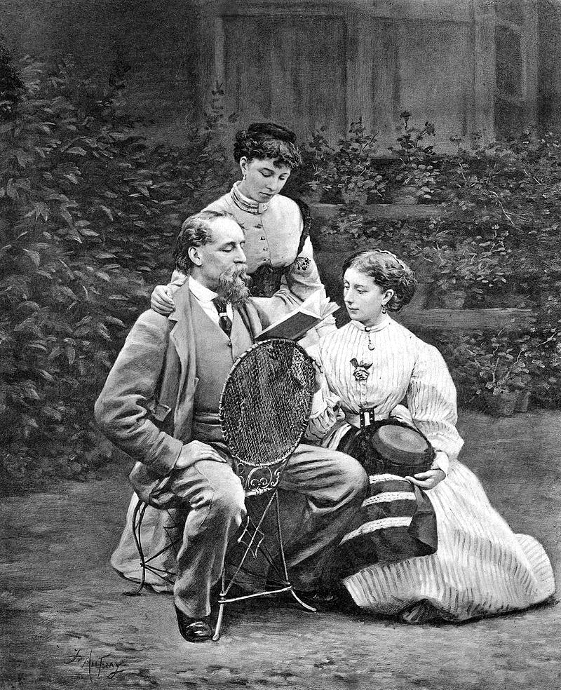 Charles Dickens leyendo a sus hijas (1863). Foto: R. H. Mason (DP).