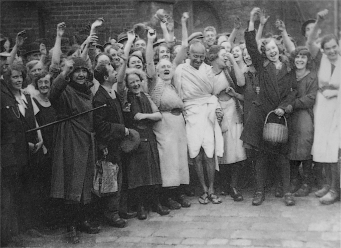 Mahatma Gandhi with textile workers at Darwen Lancashire England September 26 1931