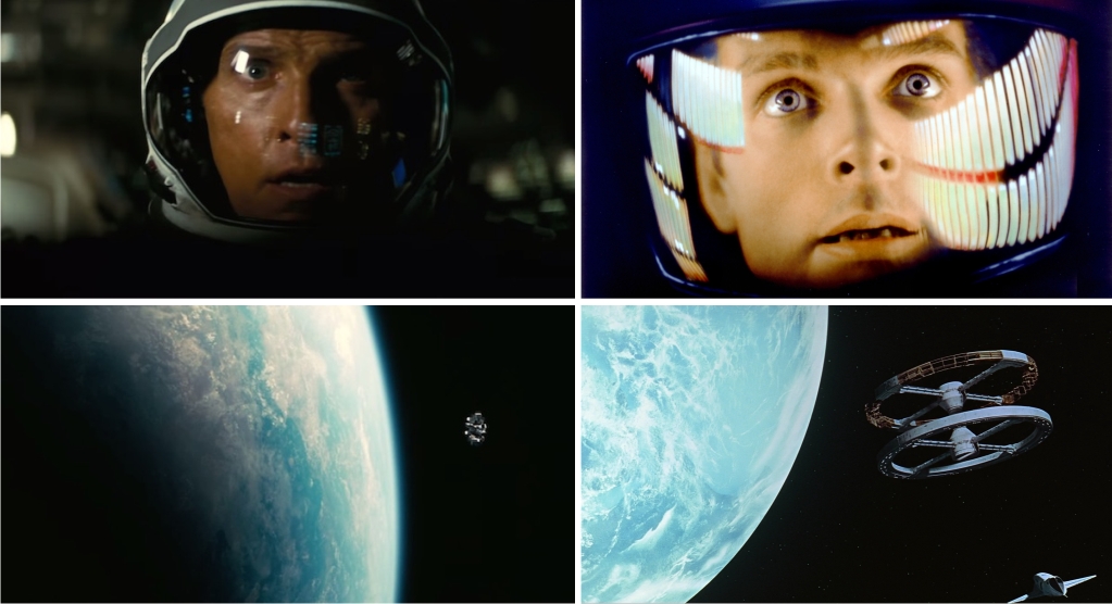 Izquierda: escenas de Interstellar (imágenes de Warner Bros Pictures). Derecha: escenas de 2001: una odisea del espacio (imágenes de Metro-Goldwyn-Mayer (MGM) / Stanley Kubrick Productions).