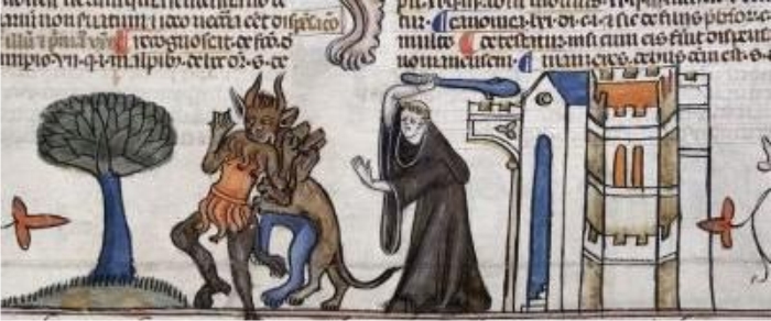 Monje defendiéndose a garrotazos de los demonios dibujado en los Decretos de Smithfield, año 1300.