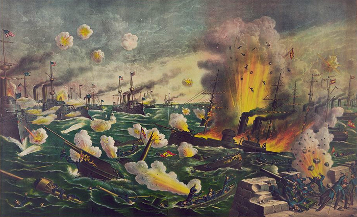 La batalla de Cavite en la bahía de Manila entre España y Estados Unidos 1898. Kurz Allison.