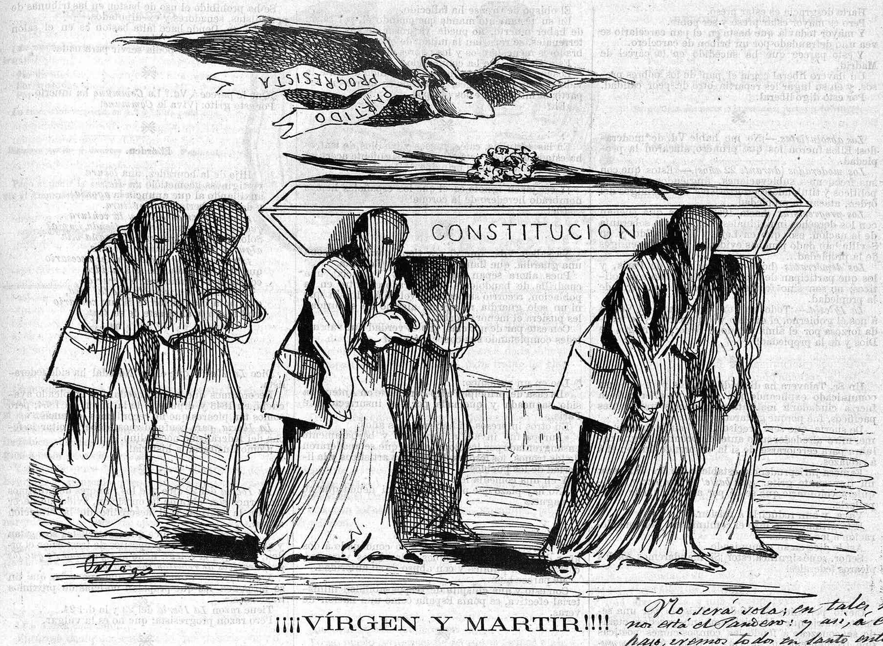 Una Constitución, dos Constituciones, tres Constituciones... 3 ¡¡¡¡Virgen y mártir!!!! Ilustración: revista satírica Gil Blas