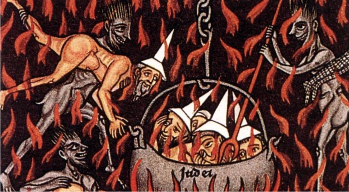 Caricatura medieval en la que los judíos son quemados en un caldero llamado Judea. (DP) 