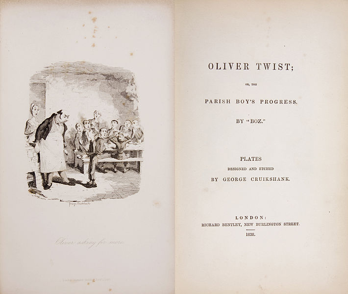 Primera edición de Oliver Twist, de Chares Dickens con ilustración y diseño de George Cruikshank. Imagen: DP