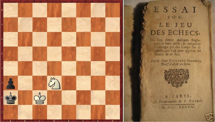 Mate de caballo y peón contrario (juegan blancas: 1Cb4+ Ra1, 2Rc1 a2, 3Cc2++) y portada del libro de Stamma. Imagen: Diego Rasskin.