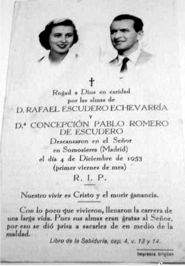 Recordatorio del funeral por el eterno descanso de Concepción de Pablo Romero y Rafael Escudero. Foto: DP.