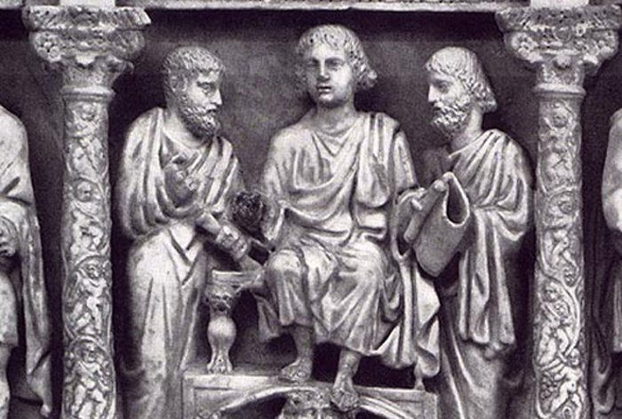 Traditio Legis: Jesús entregando la ley a sus discípulos. Sarcófago del siglo IV.