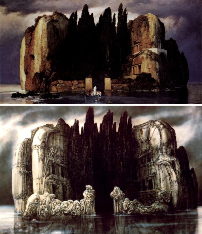 La isla de los muertos. Arnold Böcklin (arriba). H .R. Giger (abajo).