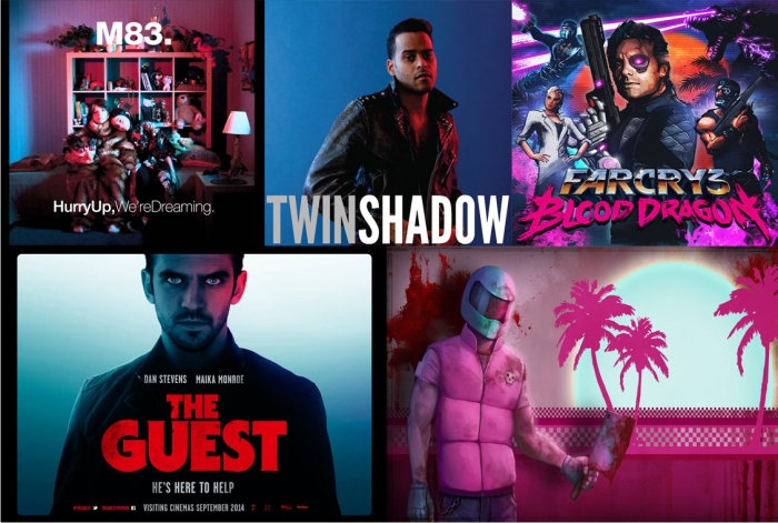 Portada de Hurry up We’re dreaming de M83. Portada de Confess de Twin shadow. Portada del videojuego Farcy 3: blood dragon. Cartel promocional de The guest. Ilustración del videojuego Hotline Miami.