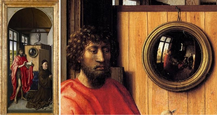 El ojo ante el espejo, su reflejo y un cuadro con un conejo 2 Tabla izquierda del Tríptico Werl y detalle ampliado.