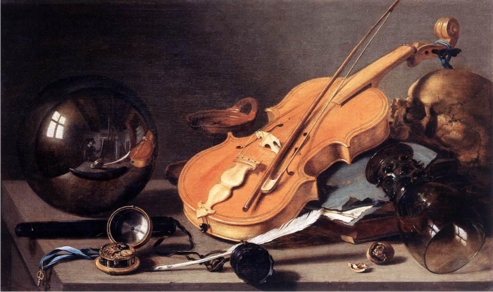 El ojo ante el espejo, su reflejo y un cuadro con un conejo 5 Vanidad con violín y bola de cristal, de Pieter Claesz.