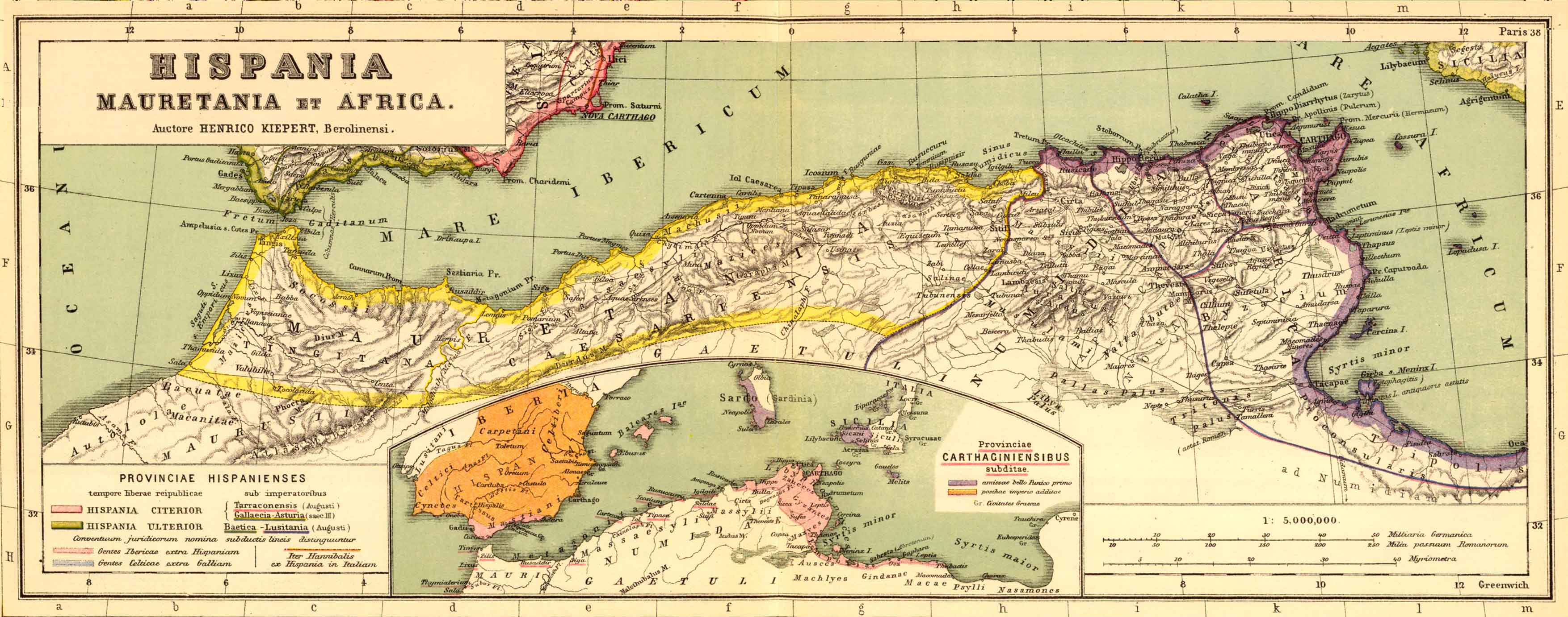 Detalle de un mapa de las provincias romanas de Mauritania Tingitana, Mauritania Cesariense y parte de Numidia. Imagen: H.Kiepert, Atlas antiquus (DP).