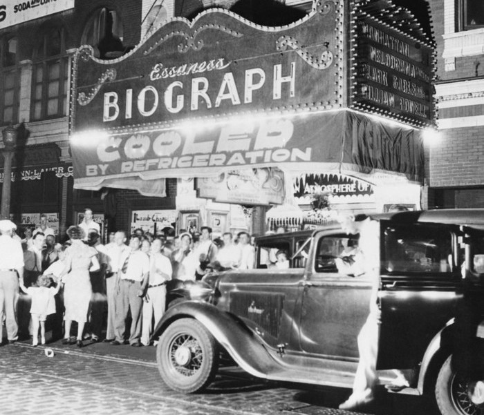 22 Jul 1934, Chicago, Illinois, USA --- Original caption: John Dillinger Killed in Chicago. Chicago, Illinois: Federal agents caught up with the elusive John Dillinger and killed him as he was leaving the Biograph movie theater in Chicago on July 22. This photo shows the front of the small theater after the shooting. The picture the arch desperado was seeing was Manhattan Melodrama, a crook picture. --- Image by © Bettmann/CORBIS