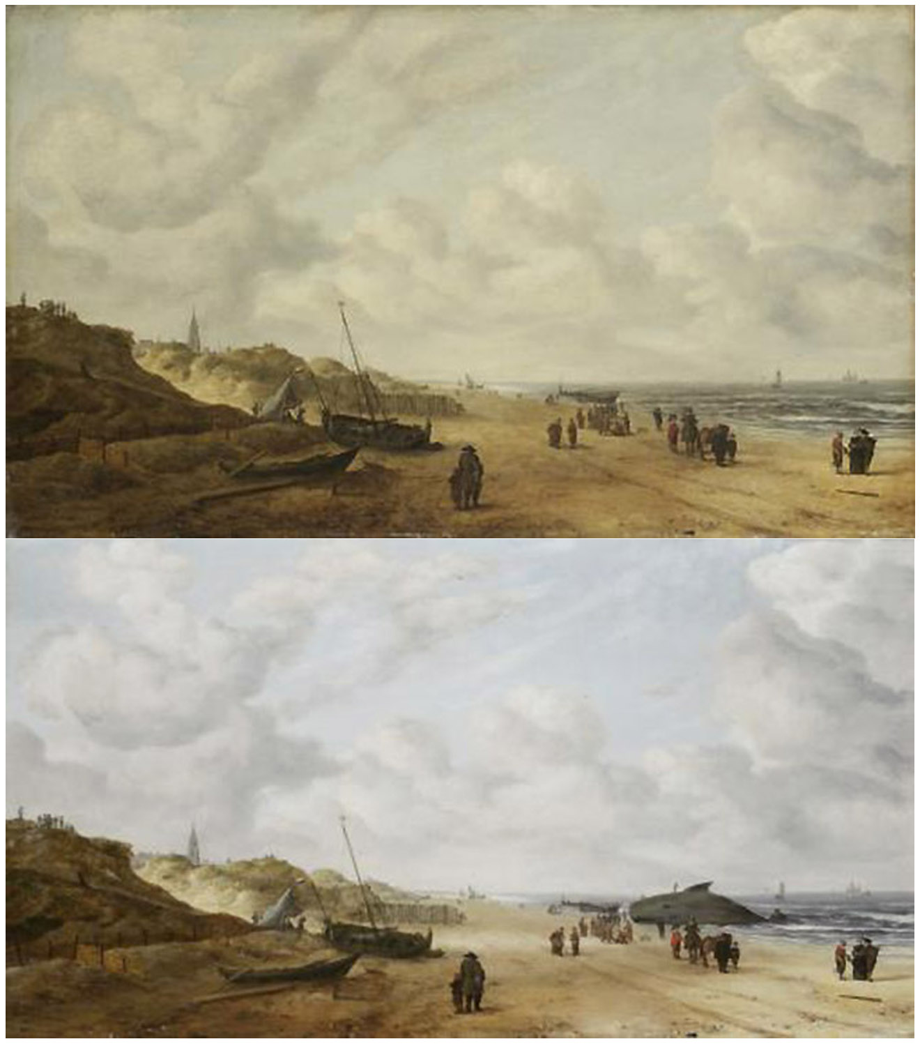 Vista de las arenas de Scheveningen versión retocada y original.