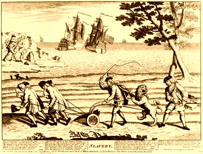 Sátira británica de 1738 en la que aparece el león inglés atacando un arado tirado por esclavos que representa el sistema colonial español. Al fondo se puede ver a Fandiño cortándole la oreja a Jenkins. (DP)