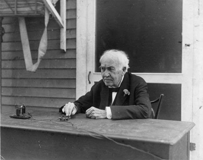 February 1928: Inventor Thomas Alva Edison (1847 - 1931) operating a telegraph key on his 81st birthday. The key he is pressing is actually inaugurating a modern Elison lighting system in Bellingham, Washington. (Photo by Hulton Archive/Getty Images)