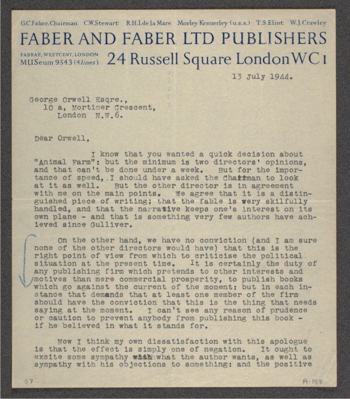 Carta de rechazo de T. S. Eliot a Rebelión en la granja. Imagen cortesía de