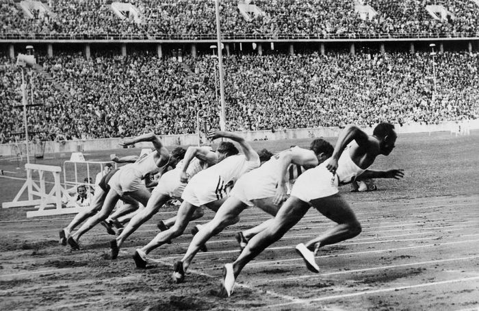 Jesse Owens in the 100m event at the 1936 Olympics Games in Berlin.