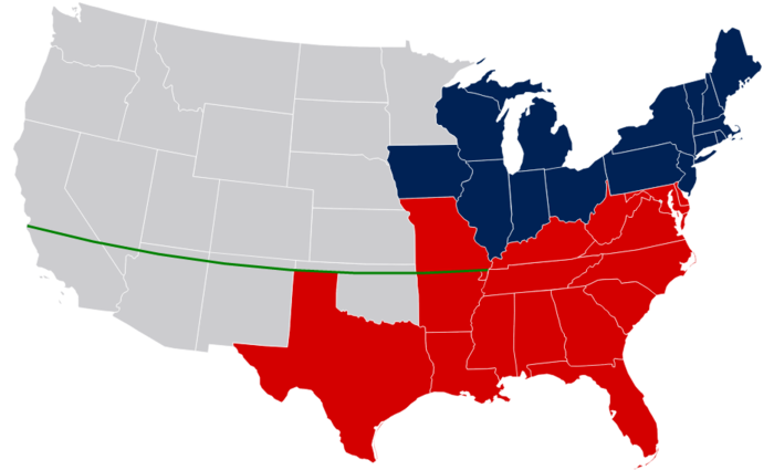 Mapa de los Estados Unidos c. 1849 (fronteras estatales modernas), con el paralelo 36 ° 30 'de latitud norte - estados esclavistas en rojo, estados libres en azul