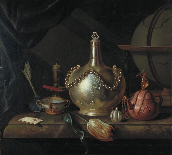 Detalle de Naturaleza muerta con jarra de plata, tulipán, tetera de Yixing y globo, de Pieter van Roestraten, ca. 1690. Imagen: DP.