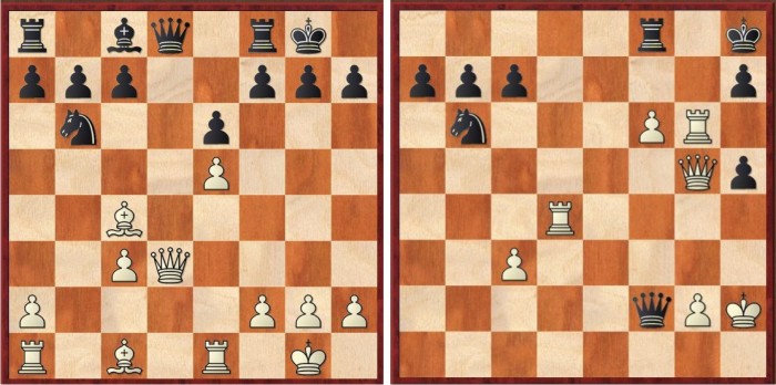 Topalov-Caruana, en St. Louis, noviembre de 2016. A la izquierda, la posición antes del sacrificio de Topalov. Juegan blancas. Dg3!? Sacrificio dudoso, la verdad. A la derecha, la posición final, Caruana se rinde ante la inminente entrada de la dama blanca. La belleza.