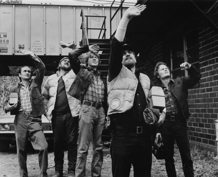 A still from the film 'The Deer Hunter', 1978. From left to right, John Cazale, Chuck Aspegren, Christopher Walken, Robert De Niro and John Savage. (Photo by Universal Pictures/Archive Photos/Getty Images)