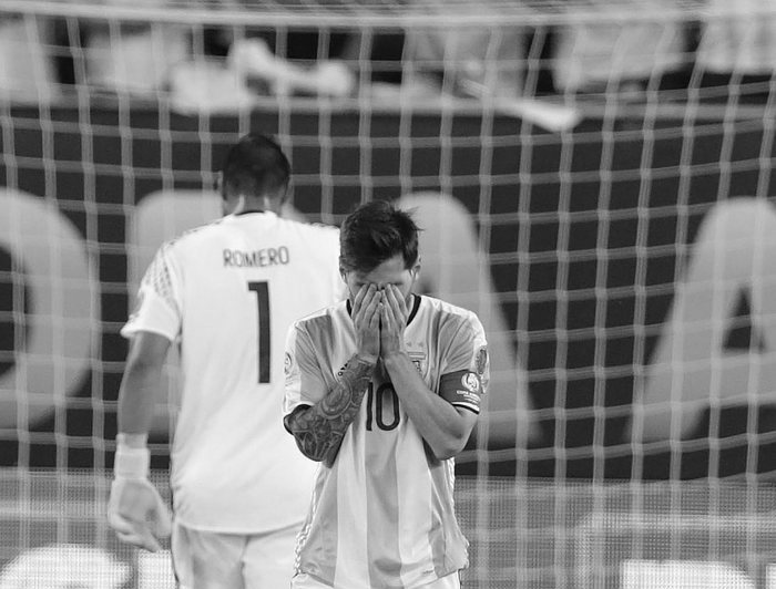 Jun 26, 2016; East Rutherford, NJ, USA; Argentina midfielder Lionel Messi (10) after missing penalty kick against Chile in the championship match of the 2016 Copa America Centenario soccer tournament at MetLife Stadium. Mandatory Credit: Adam Hunger-USA TODAY SportsCODE: X02835