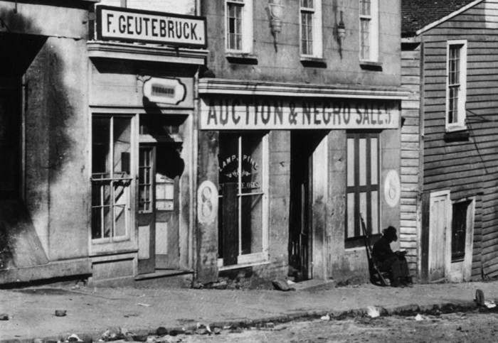 Atlanta, Georgia, USA --- Atlanta, Georgia-The slave market in Atlanta, GA, during the Civil War. Ca. 1860-1865. --- Image by © Bettmann/CORBIS