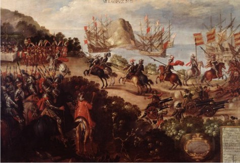 La llegada de Cortés a Veracruz y la recepción por los embajadores de Moctezuma, autor desconocido, mediados del siglo XVII.