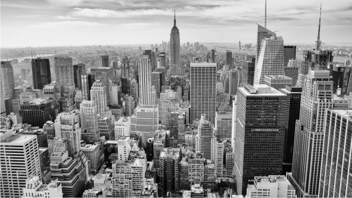 black and white city skyline buildings