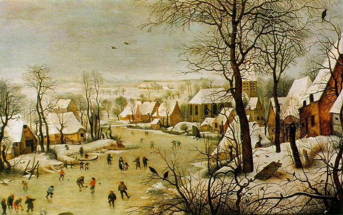 La influencia del clima en los comportamientos culturales de la humanidad 2 Pieter Brueghel el viejo Paisaje de invierno con patinadores y trampa para pájaros 1565 Bruselas 1