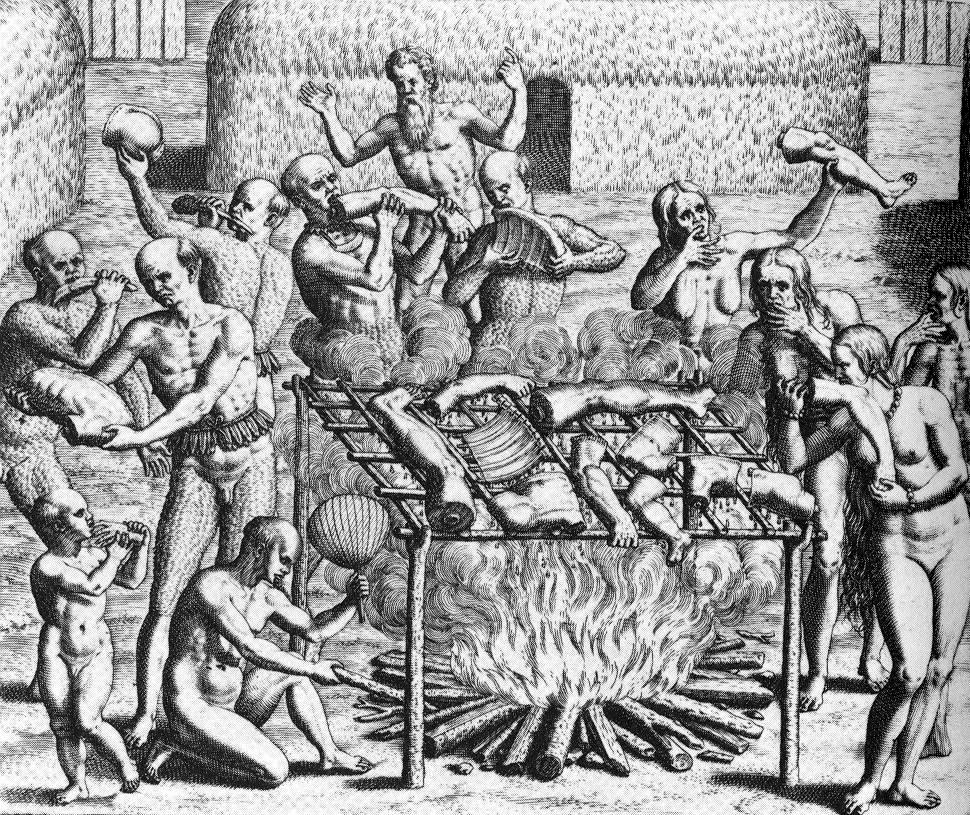 Canibalismo en Brasil en 1557, grabado de Theodor de Bry.