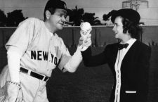 PRIDE OF THE YANKEES, Babe Ruth, Teresa Wright, on set, 1942.